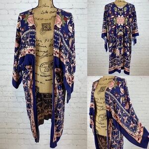 Blu Pepper Escape Blue Floral Print Pointed Sleeve Kimono